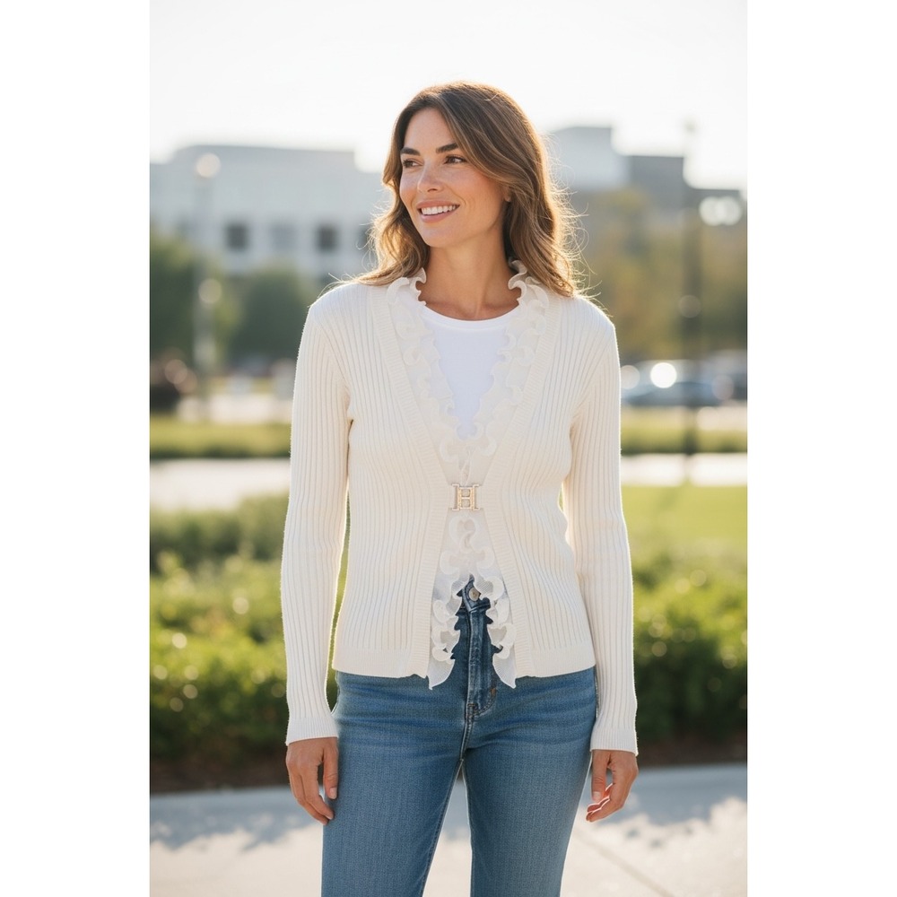 Alison Sheri Cream Ribbed Knit Ruffle Cardigan Sweater Women's XL Elegant‎ - Picture 10 of 10